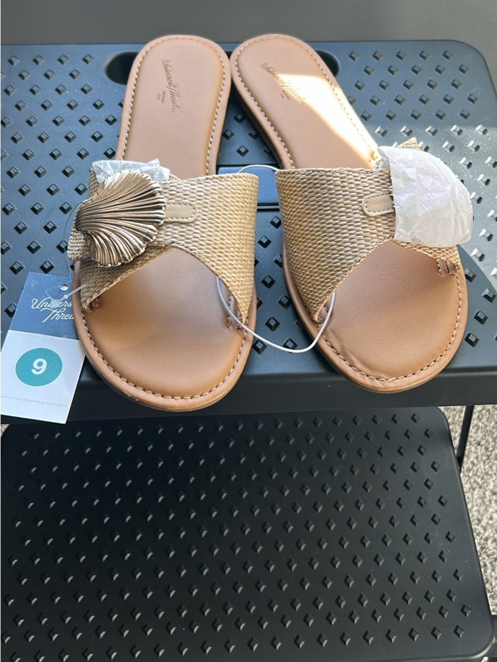 Universal Thread Tan Woven Slide Sandals with Shell Medallion